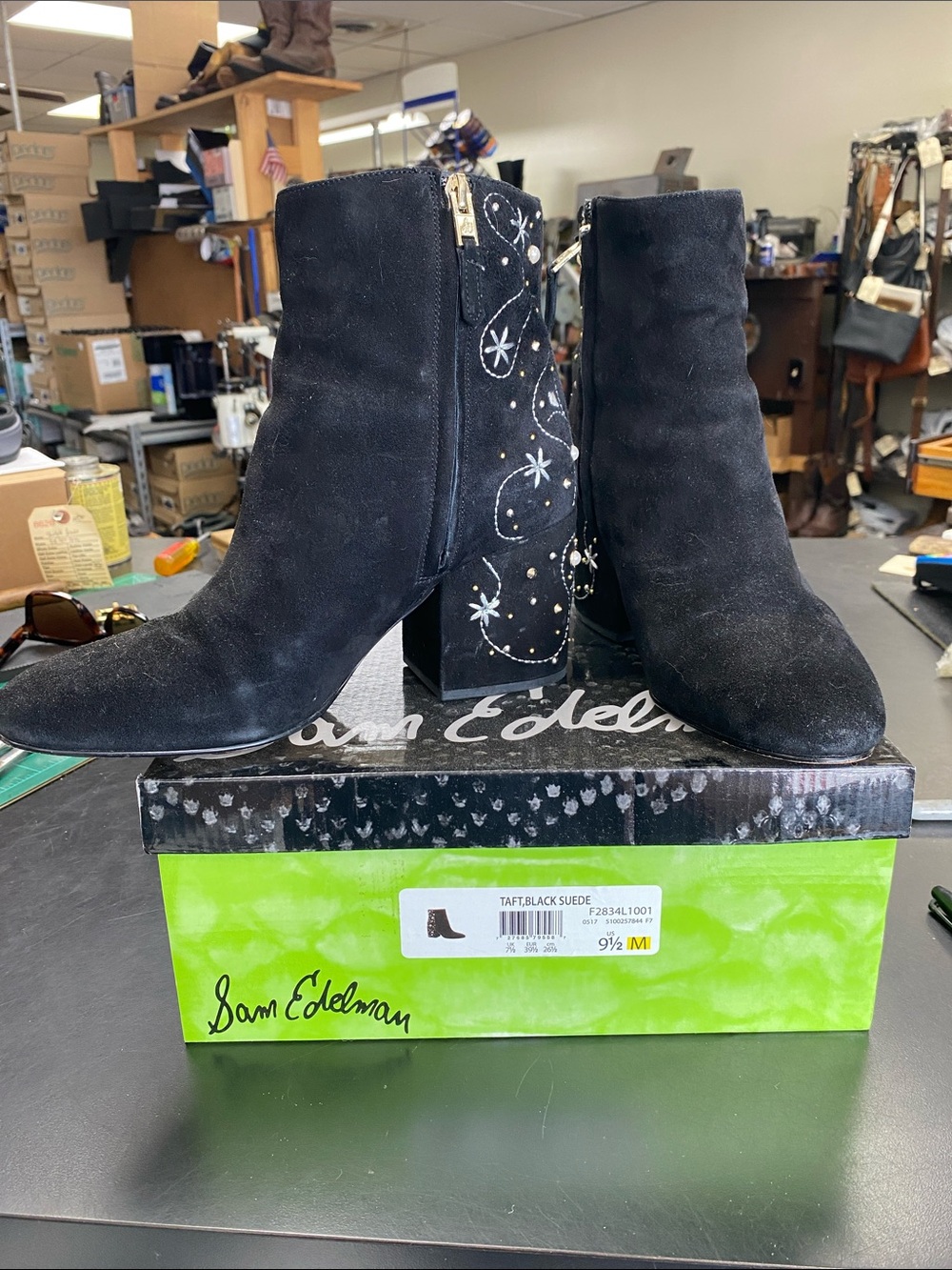 Sam Edelman Black Suede Embellished Block Heel Ankle Boots